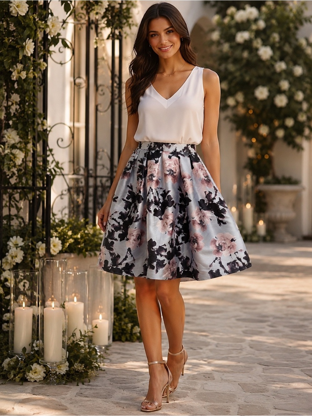 Gray & Pink Floral Pleated A-Line Midi Skirt